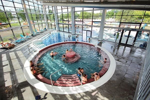 inside pool with glass windows to the outside